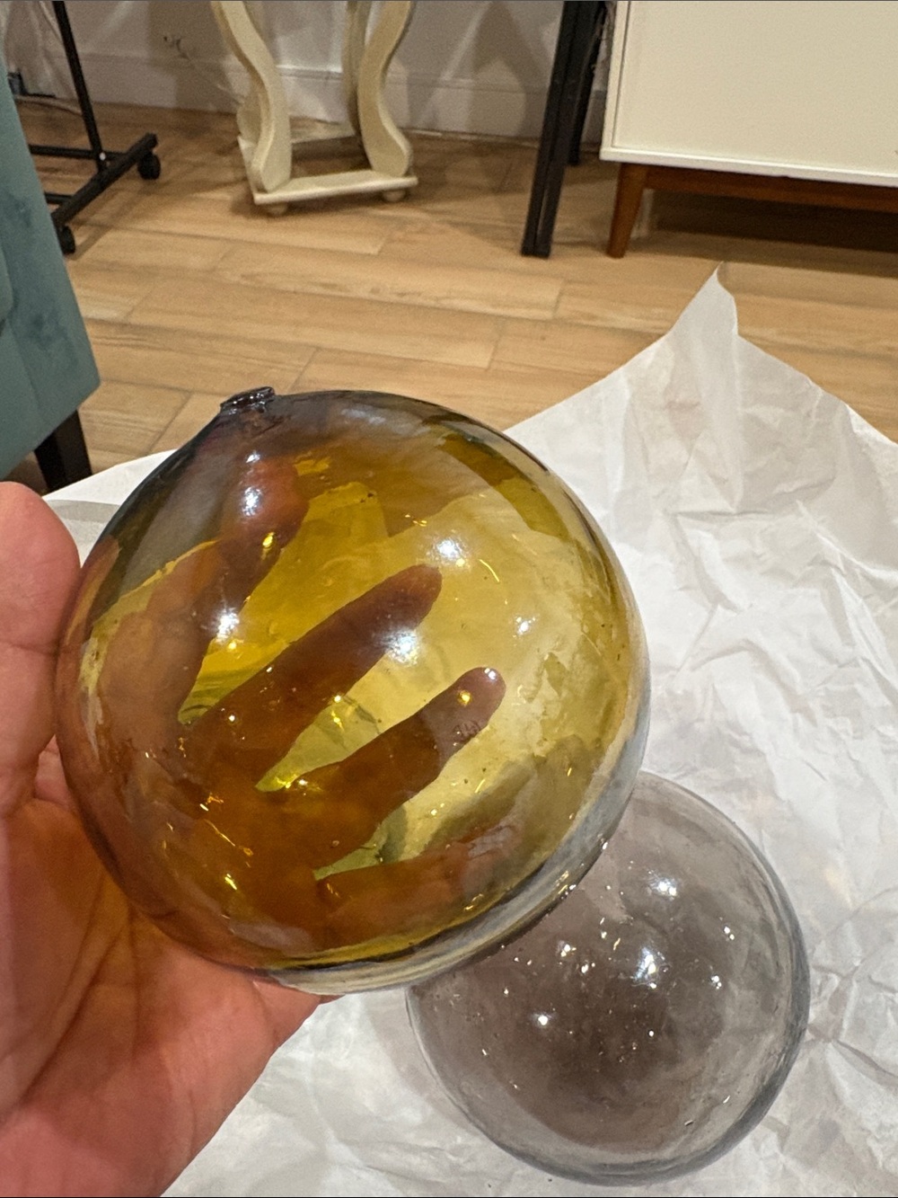 Handblown Glass Spheres - Amber, Smoky Gray & Seafoam new 13” round - Picture 3 of 4